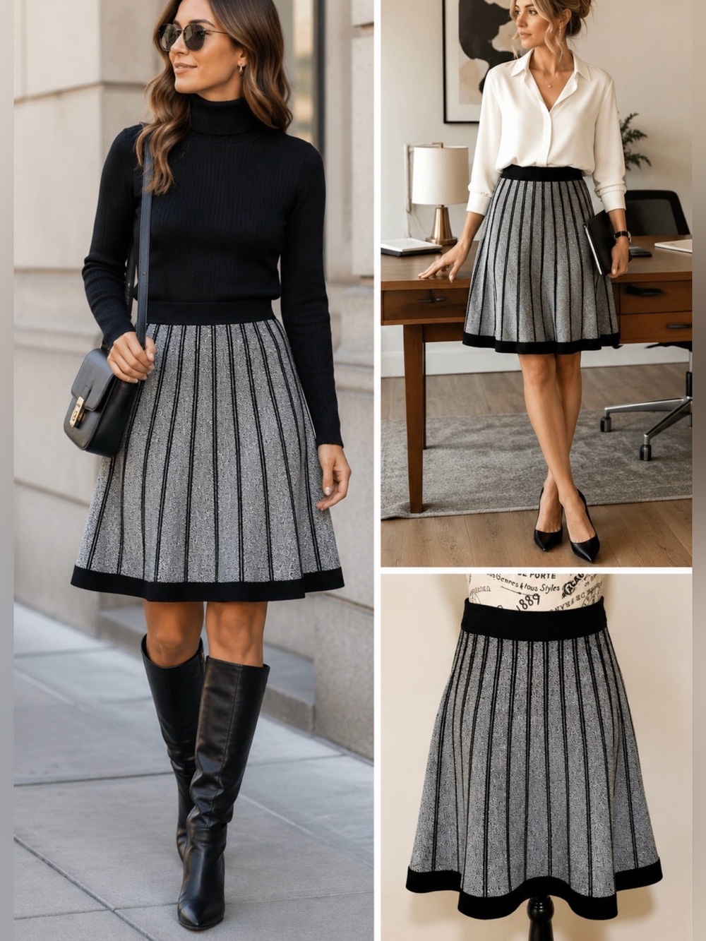 💥A.L.C. Black Gray Marled Knit A-Line Flare Knit Skirt Pull-On Stretch Size S💛